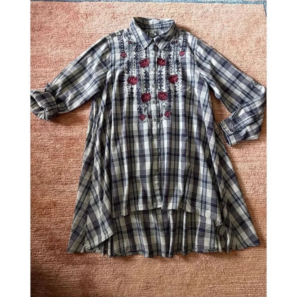 Plaid Embroidered Tunic Shirt Dress Boho High Low Oversized M-L